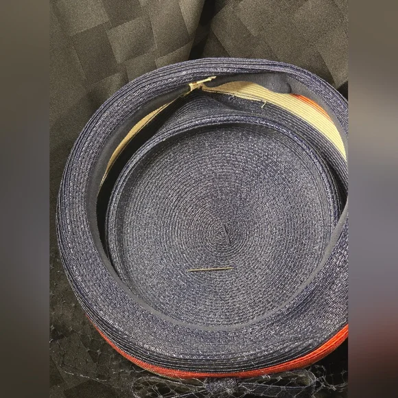 Vintage Pill Box 50s/60s Navy (Red/White/Blue) Woven Straw Veil & Bow SZ Medium - Picture 6 of 14